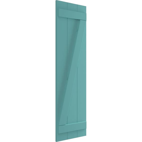 True Fit PVC, Three Board Joined Board-n-Batten Shutters W/Z-Bar, Pure Turquoise , 16 1/8W X 57H